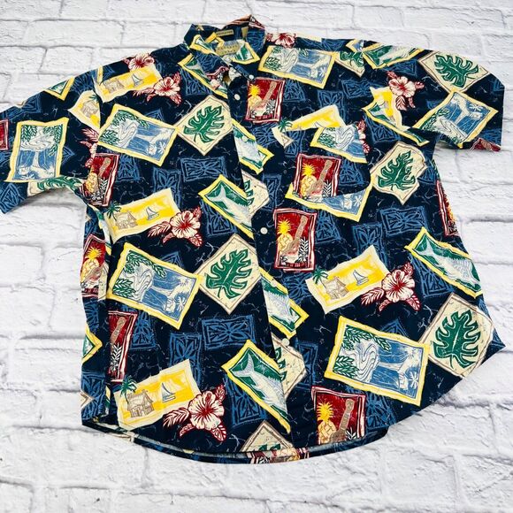 Natural Issue Wrinkle Free Hawaiian Button Up Shirt XL Dark Blue Short Sleeve - Picture 1 of 8